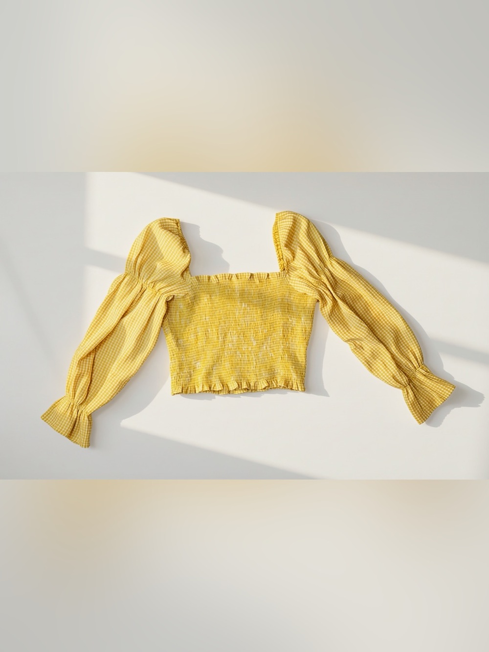 Urban Outfitters Yellow Gingham Smocked Puff Sleeve Crop Top |Small| Cottagecore - Picture 5 of 5